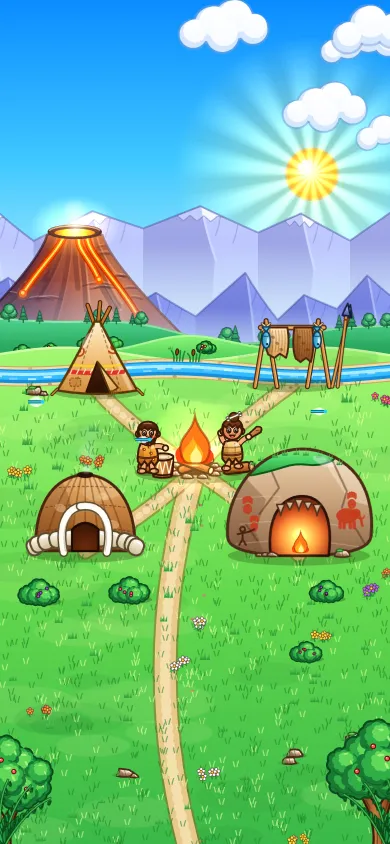 A Stone Age village with a cave, a tent and a campfire