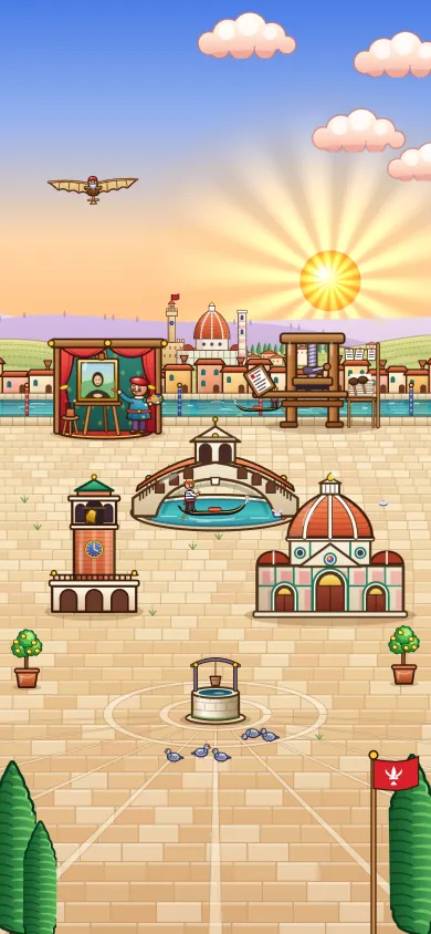 A Renaissance piazza with a dome and a bell tower